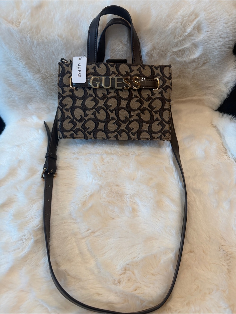 NWT GUESS Monogram Mini Satchel Bag Crossbody Handbag Shoulder Purse Khaki Brown